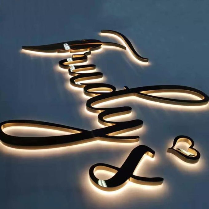 Outdoor Store Front Gold Mirror Stainless Steel Channel Logo Salon Signs Led Light Up Backlit Letters