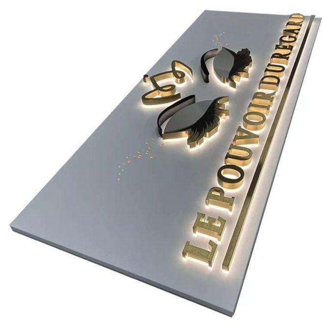 Letras de placa de nome de loja led personalizadas vitrine aço inoxidável ouro 3d retroiluminado letras de canal